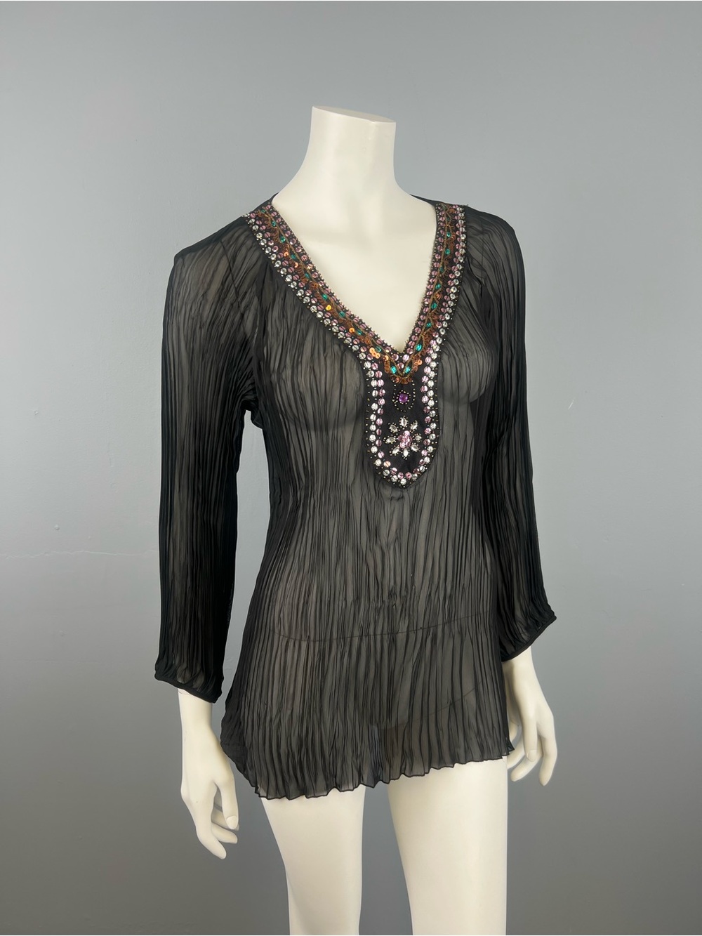 Spencer Jeremy Black Sheer Beaded V-Neck Tunic Top